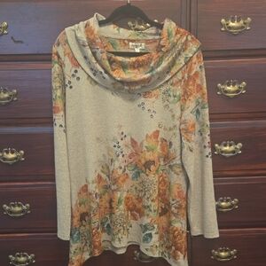 🔥ONE WORLD Floral Cowl Neck Sweater - Gray and Orange